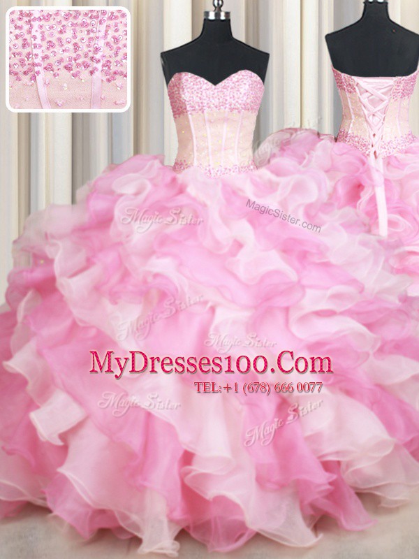 Pink And White Sweetheart Neckline Beading and Ruffles Ball Gown Prom Dress Sleeveless Lace Up