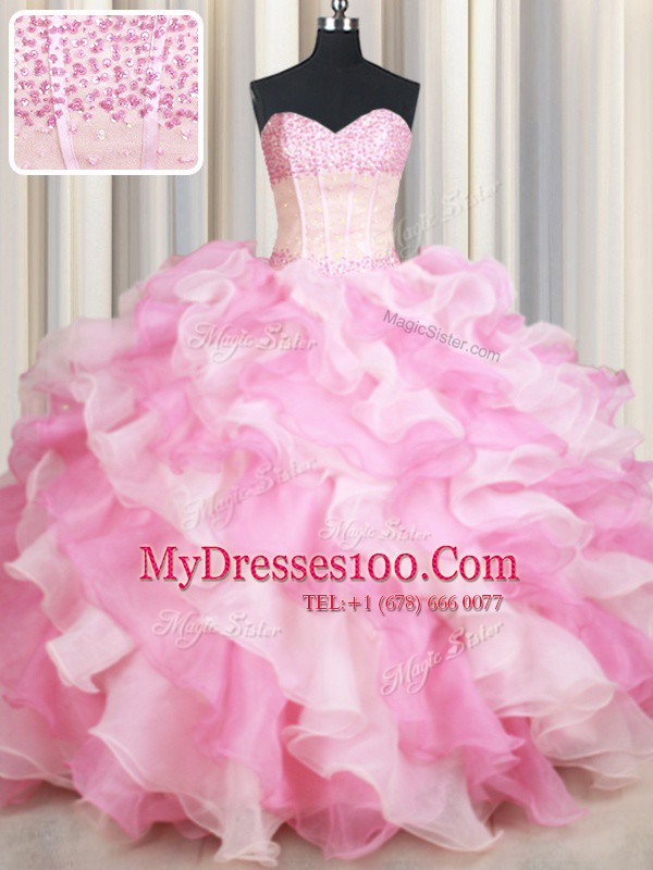 Pink And White Sweetheart Neckline Beading and Ruffles Ball Gown Prom Dress Sleeveless Lace Up