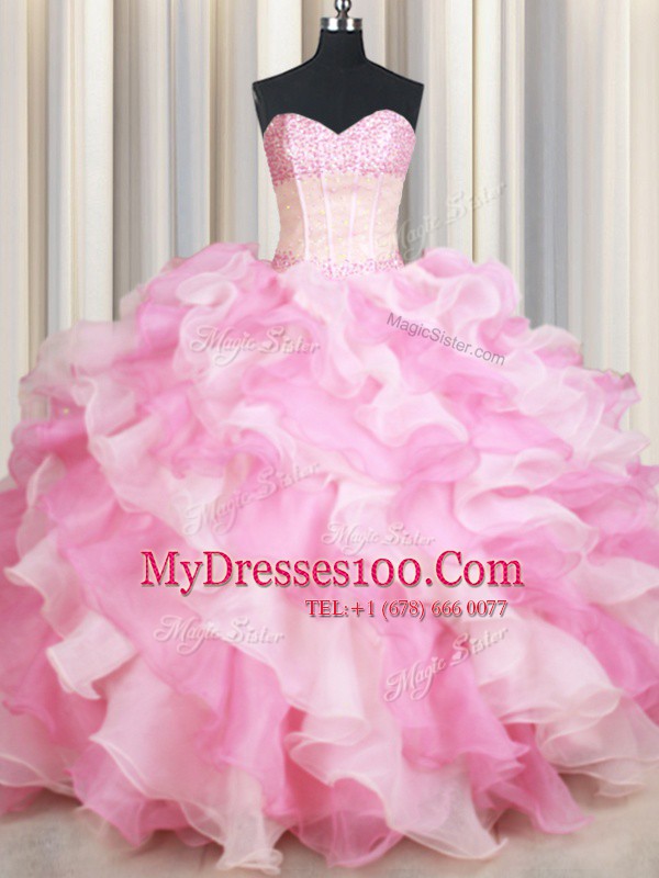 Pink And White Sweetheart Neckline Beading and Ruffles Ball Gown Prom Dress Sleeveless Lace Up