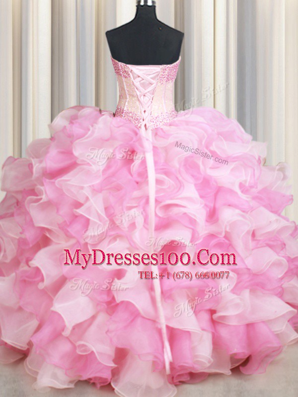 Pink And White Sweetheart Neckline Beading and Ruffles Ball Gown Prom Dress Sleeveless Lace Up