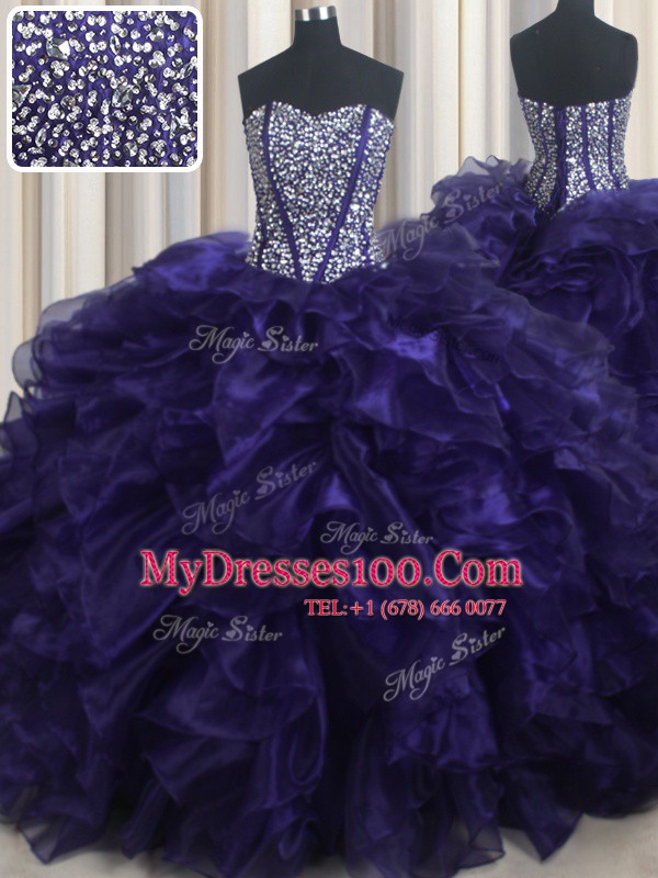 Purple Sweetheart Lace Up Beading and Ruffles Sweet 16 Dress Brush Train Sleeveless