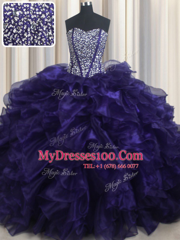Purple Sweetheart Lace Up Beading and Ruffles Sweet 16 Dress Brush Train Sleeveless