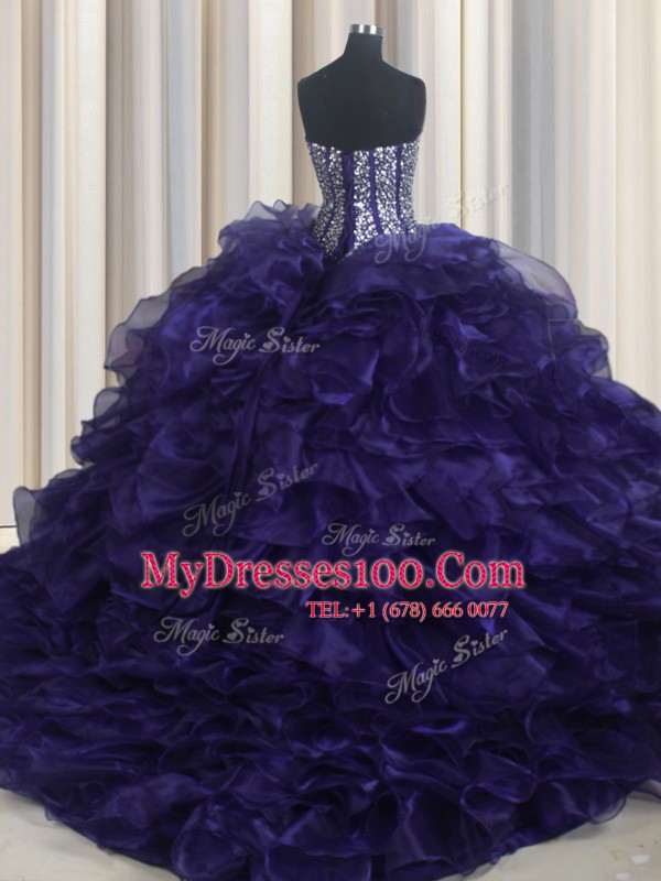 Purple Sweetheart Lace Up Beading and Ruffles Sweet 16 Dress Brush Train Sleeveless