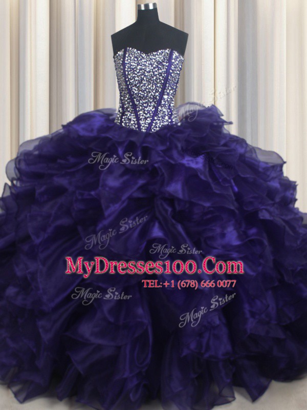 Purple Sweetheart Lace Up Beading and Ruffles Sweet 16 Dress Brush Train Sleeveless