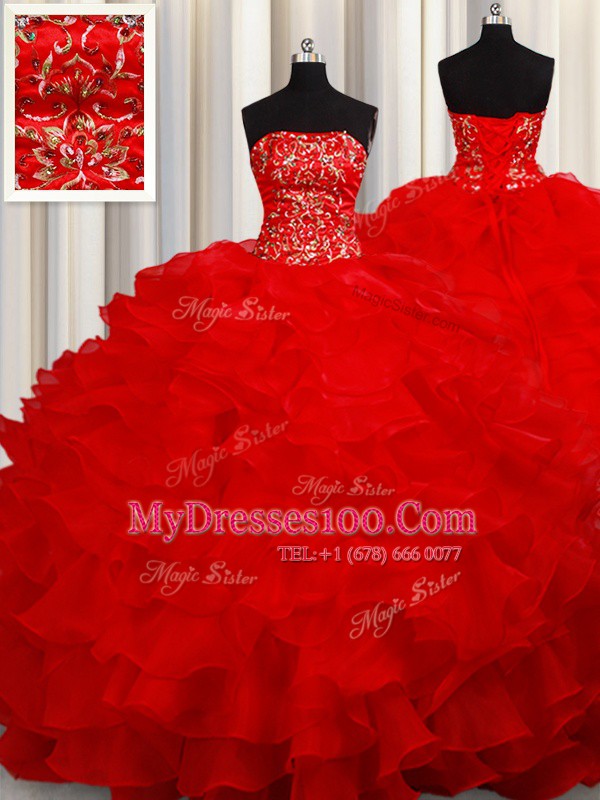Free and Easy Red Ball Gowns Beading and Embroidery and Ruffles Quince Ball Gowns Lace Up Organza Sleeveless Floor Length