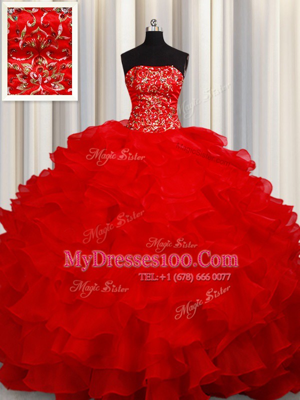 Free and Easy Red Ball Gowns Beading and Embroidery and Ruffles Quince Ball Gowns Lace Up Organza Sleeveless Floor Length