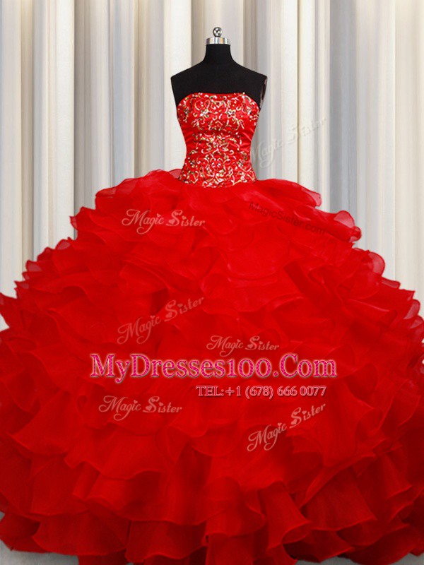 Free and Easy Red Ball Gowns Beading and Embroidery and Ruffles Quince Ball Gowns Lace Up Organza Sleeveless Floor Length
