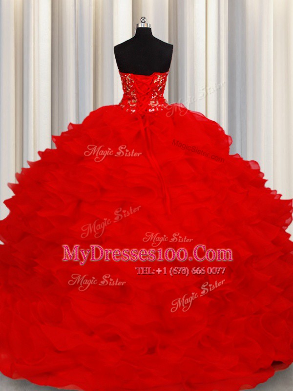 Free and Easy Red Ball Gowns Beading and Embroidery and Ruffles Quince Ball Gowns Lace Up Organza Sleeveless Floor Length