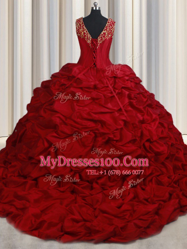 Dazzling Red Sleeveless Beading and Appliques and Pick Ups Lace Up 15th Birthday Dress