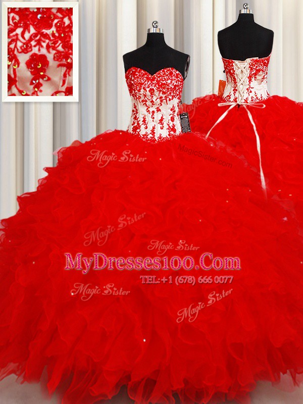 Sequins Sweetheart Sleeveless Lace Up Ball Gown Prom Dress Red Organza