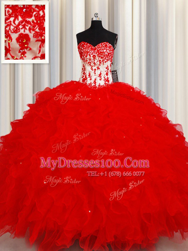 Sequins Sweetheart Sleeveless Lace Up Ball Gown Prom Dress Red Organza