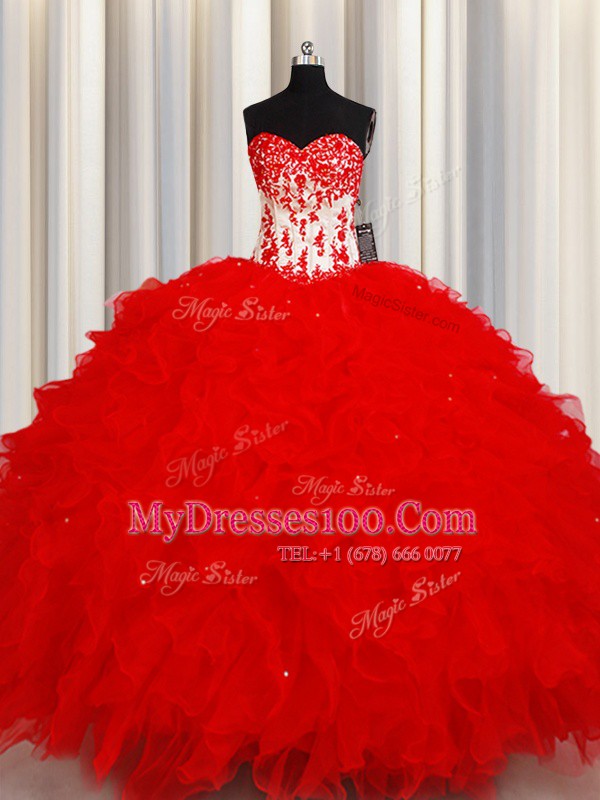 Sequins Sweetheart Sleeveless Lace Up Ball Gown Prom Dress Red Organza