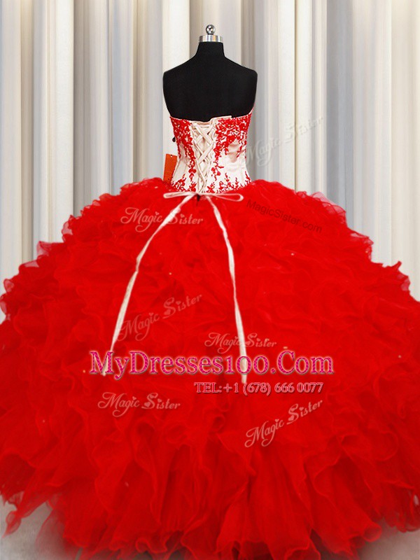 Sequins Sweetheart Sleeveless Lace Up Ball Gown Prom Dress Red Organza