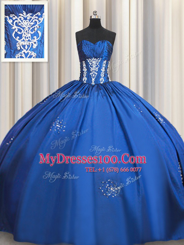Blue Ball Gowns Beading and Appliques Quinceanera Dress Lace Up Taffeta Short Sleeves Floor Length