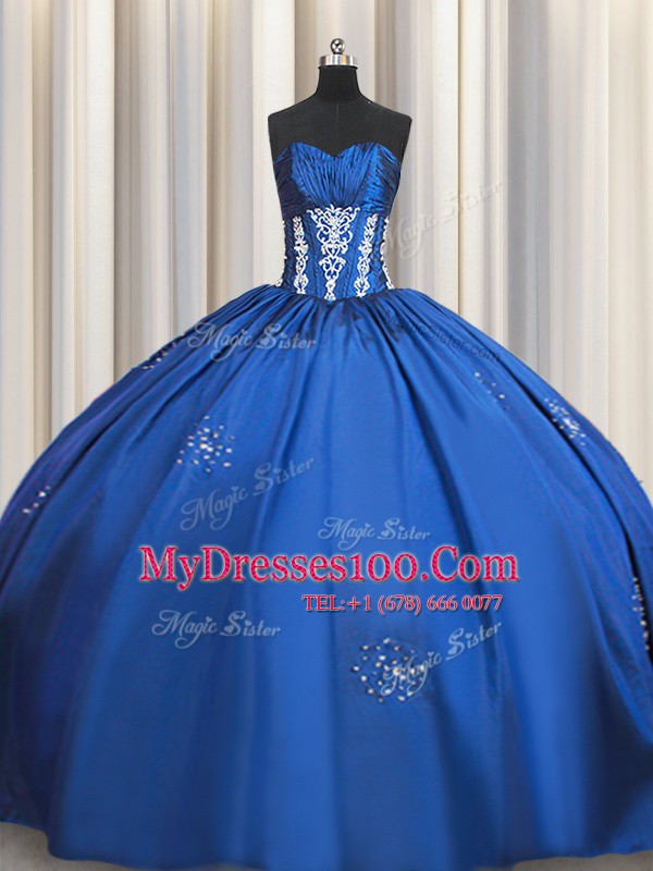 Blue Ball Gowns Beading and Appliques Quinceanera Dress Lace Up Taffeta Short Sleeves Floor Length