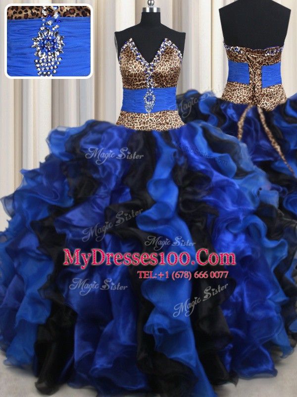 Comfortable Sleeveless Floor Length Beading and Ruffles Lace Up Quinceanera Dress with Blue And Black