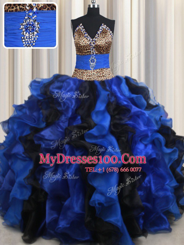 Comfortable Sleeveless Floor Length Beading and Ruffles Lace Up Quinceanera Dress with Blue And Black