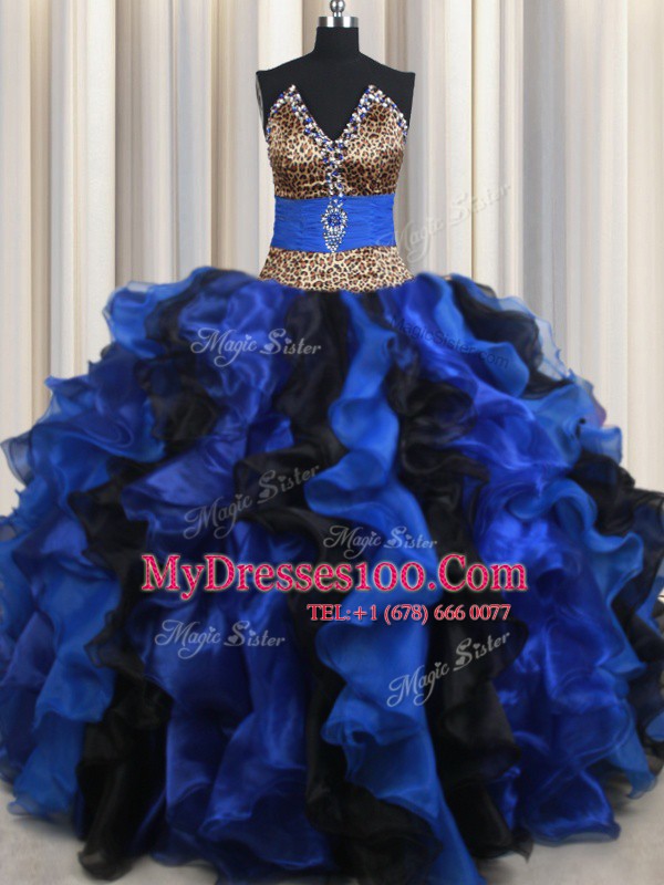 Comfortable Sleeveless Floor Length Beading and Ruffles Lace Up Quinceanera Dress with Blue And Black