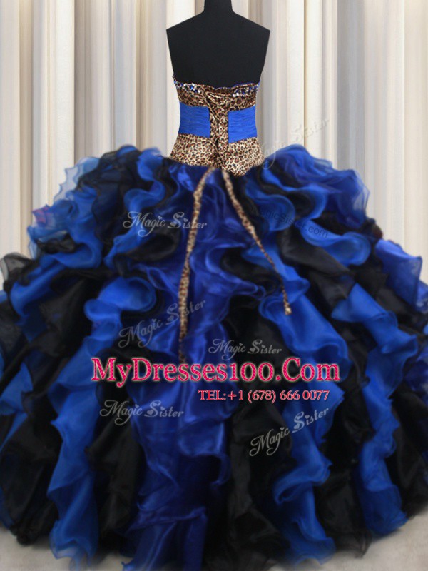 Comfortable Sleeveless Floor Length Beading and Ruffles Lace Up Quinceanera Dress with Blue And Black