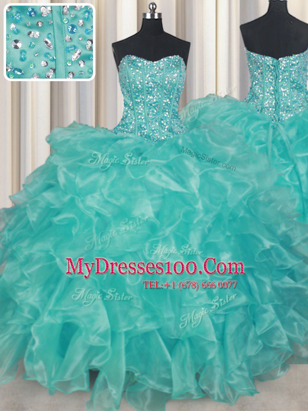 Best Selling Beading and Ruffles Sweet 16 Dresses Turquoise Lace Up Sleeveless Floor Length