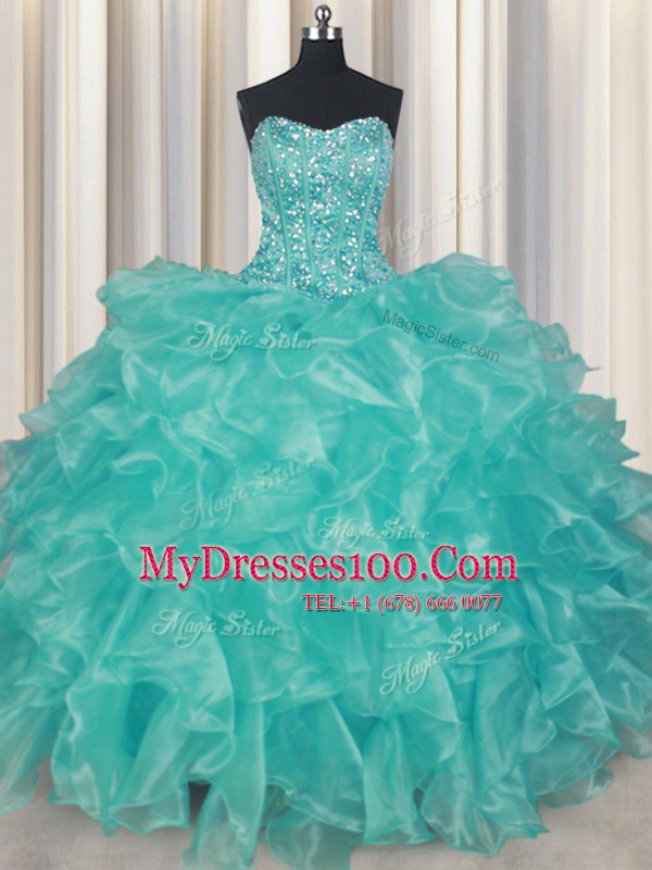 Best Selling Beading and Ruffles Sweet 16 Dresses Turquoise Lace Up Sleeveless Floor Length