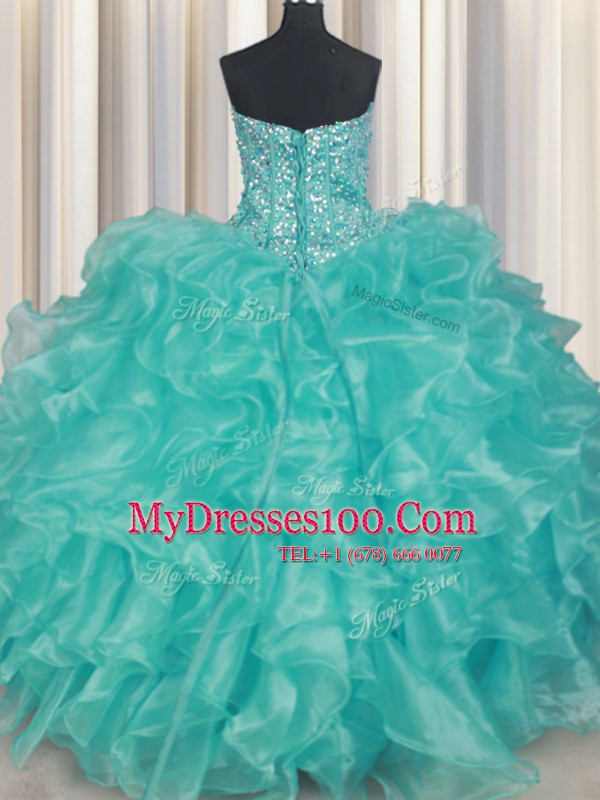 Best Selling Beading and Ruffles Sweet 16 Dresses Turquoise Lace Up Sleeveless Floor Length