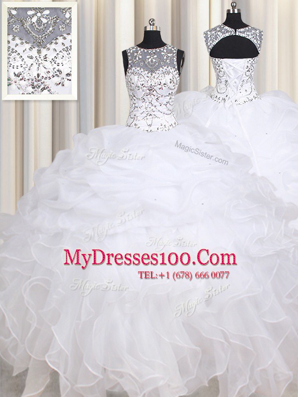 Chic White Organza Lace Up Straps Sleeveless Floor Length Quince Ball Gowns Beading and Ruffles