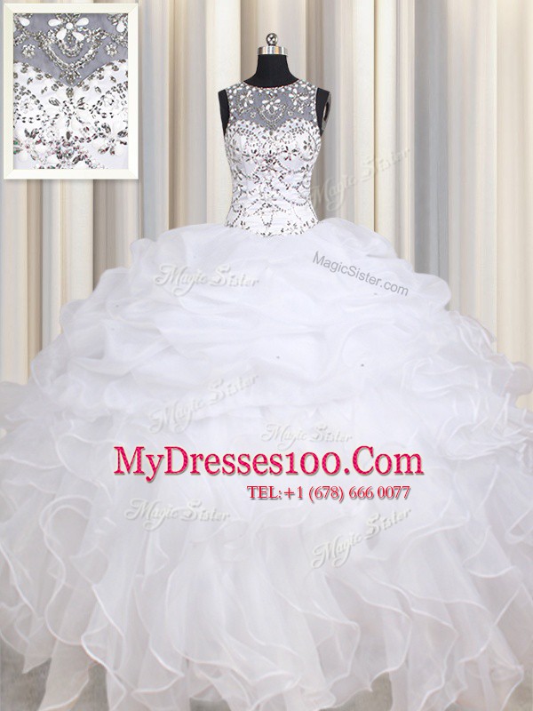 Chic White Organza Lace Up Straps Sleeveless Floor Length Quince Ball Gowns Beading and Ruffles