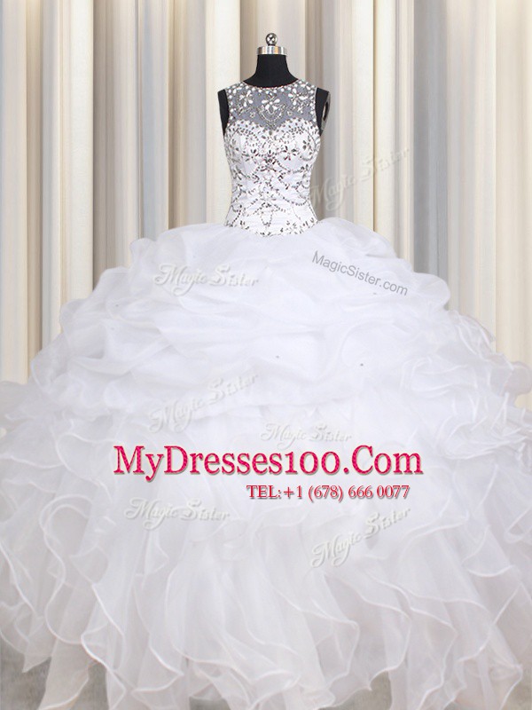 Chic White Organza Lace Up Straps Sleeveless Floor Length Quince Ball Gowns Beading and Ruffles
