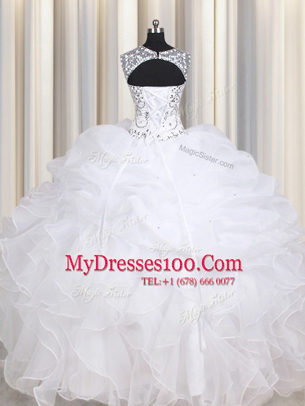 Chic White Organza Lace Up Straps Sleeveless Floor Length Quince Ball Gowns Beading and Ruffles