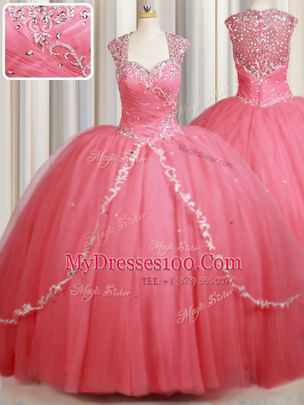 Straps Cap Sleeves Sweep Train Zipper Beading and Appliques Quinceanera Gown