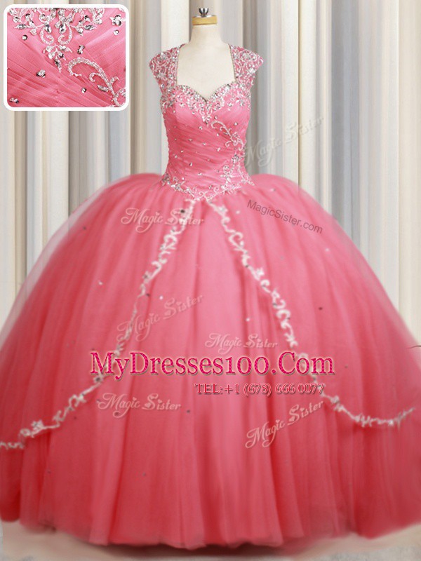 Straps Cap Sleeves Sweep Train Zipper Beading and Appliques Quinceanera Gown