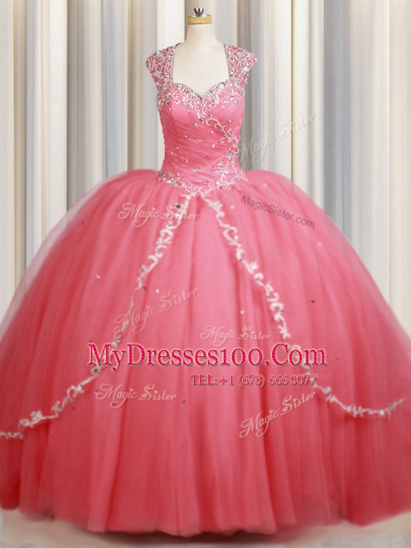 Straps Cap Sleeves Sweep Train Zipper Beading and Appliques Quinceanera Gown