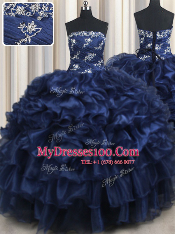 Noble Floor Length Lace Up Ball Gown Prom Dress Navy Blue for Military Ball and Sweet 16 and Quinceanera with Appliques and Ruffles and Pick Ups