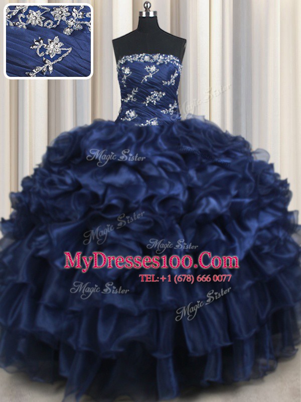 Noble Floor Length Lace Up Ball Gown Prom Dress Navy Blue for Military Ball and Sweet 16 and Quinceanera with Appliques and Ruffles and Pick Ups
