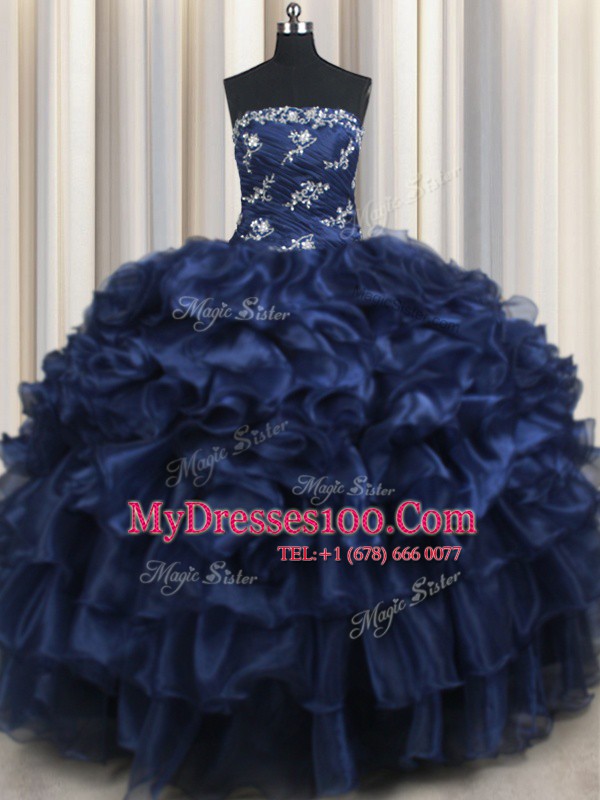 Noble Floor Length Lace Up Ball Gown Prom Dress Navy Blue for Military Ball and Sweet 16 and Quinceanera with Appliques and Ruffles and Pick Ups