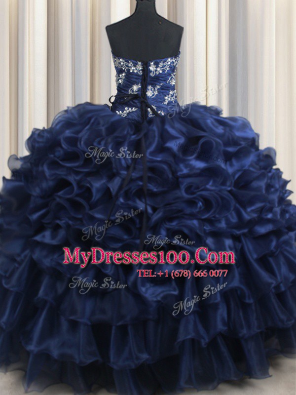 Noble Floor Length Lace Up Ball Gown Prom Dress Navy Blue for Military Ball and Sweet 16 and Quinceanera with Appliques and Ruffles and Pick Ups