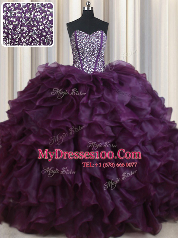 Fancy Dark Purple Lace Up 15 Quinceanera Dress Beading and Ruffles Sleeveless Floor Length