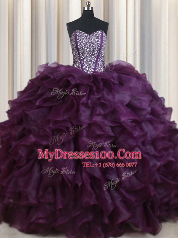 Fancy Dark Purple Lace Up 15 Quinceanera Dress Beading and Ruffles Sleeveless Floor Length
