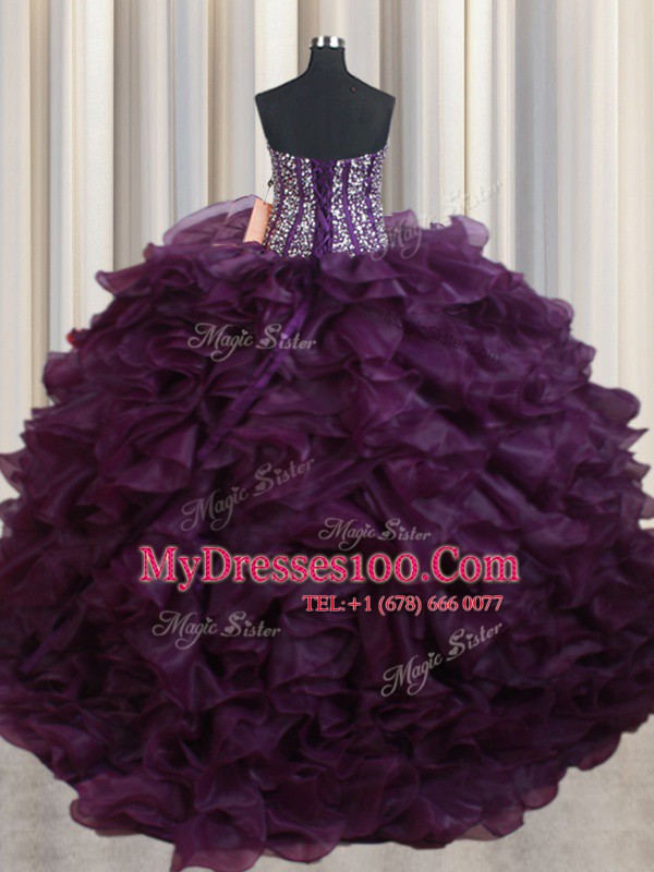 Fancy Dark Purple Lace Up 15 Quinceanera Dress Beading and Ruffles Sleeveless Floor Length