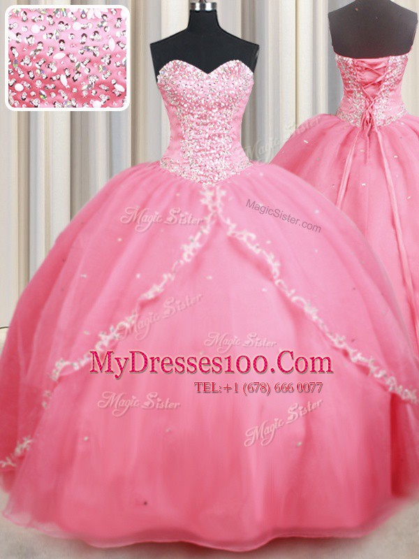 Stylish Sweetheart Sleeveless Brush Train Lace Up Sweet 16 Dress Watermelon Red Organza
