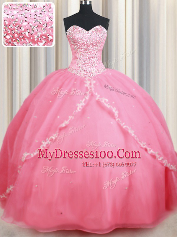 Stylish Sweetheart Sleeveless Brush Train Lace Up Sweet 16 Dress Watermelon Red Organza
