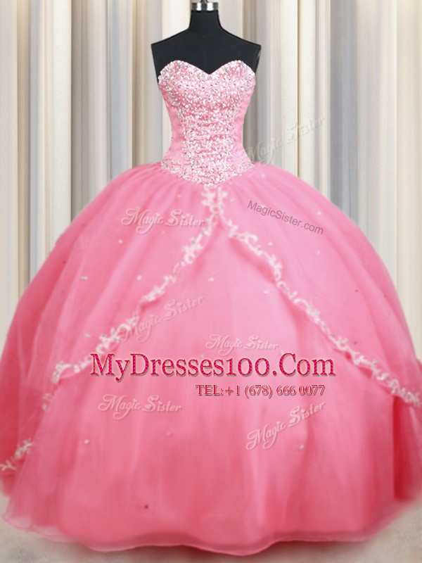 Stylish Sweetheart Sleeveless Brush Train Lace Up Sweet 16 Dress Watermelon Red Organza