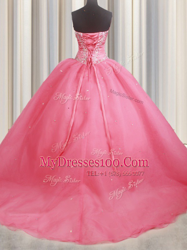 Stylish Sweetheart Sleeveless Brush Train Lace Up Sweet 16 Dress Watermelon Red Organza