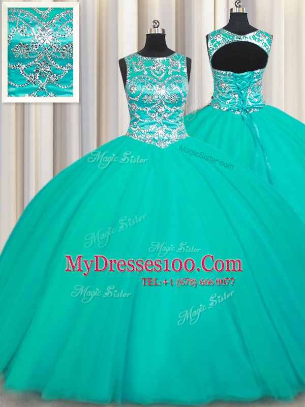 Scoop Turquoise Ball Gowns Appliques Quince Ball Gowns Lace Up Tulle Sleeveless Floor Length