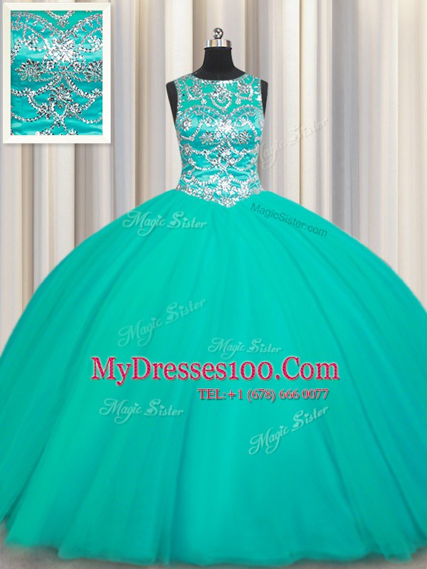 Scoop Turquoise Ball Gowns Appliques Quince Ball Gowns Lace Up Tulle Sleeveless Floor Length