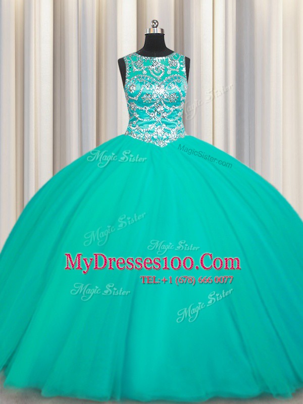 Scoop Turquoise Ball Gowns Appliques Quince Ball Gowns Lace Up Tulle Sleeveless Floor Length