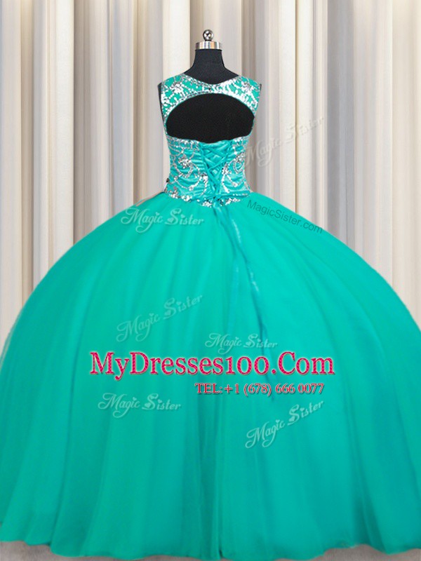 Scoop Turquoise Ball Gowns Appliques Quince Ball Gowns Lace Up Tulle Sleeveless Floor Length