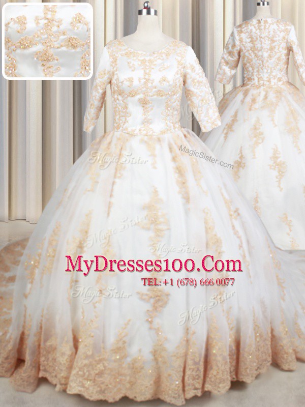 Top Selling Scoop White Half Sleeves Beading and Lace and Appliques Zipper Quinceanera Dress