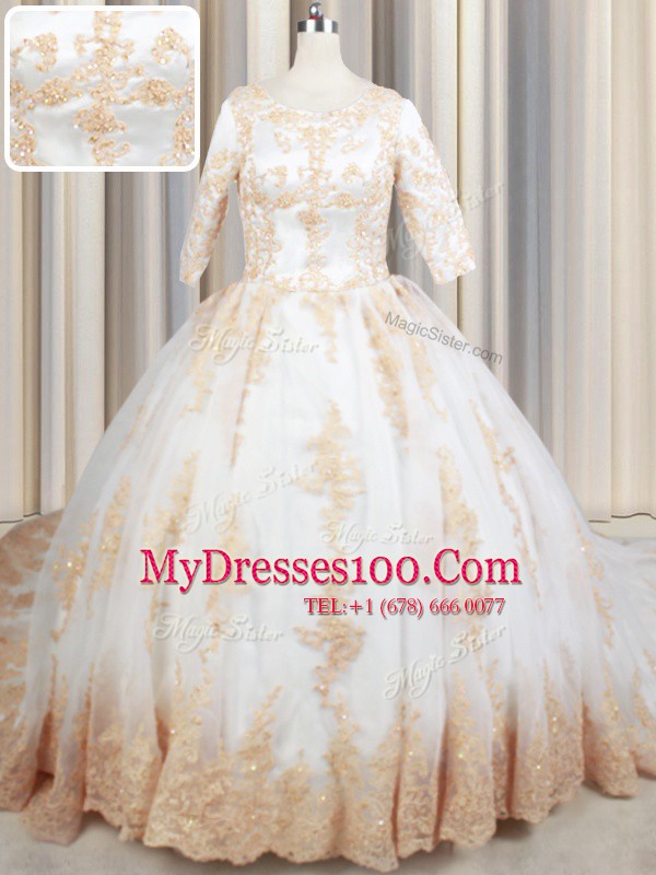 Top Selling Scoop White Half Sleeves Beading and Lace and Appliques Zipper Quinceanera Dress